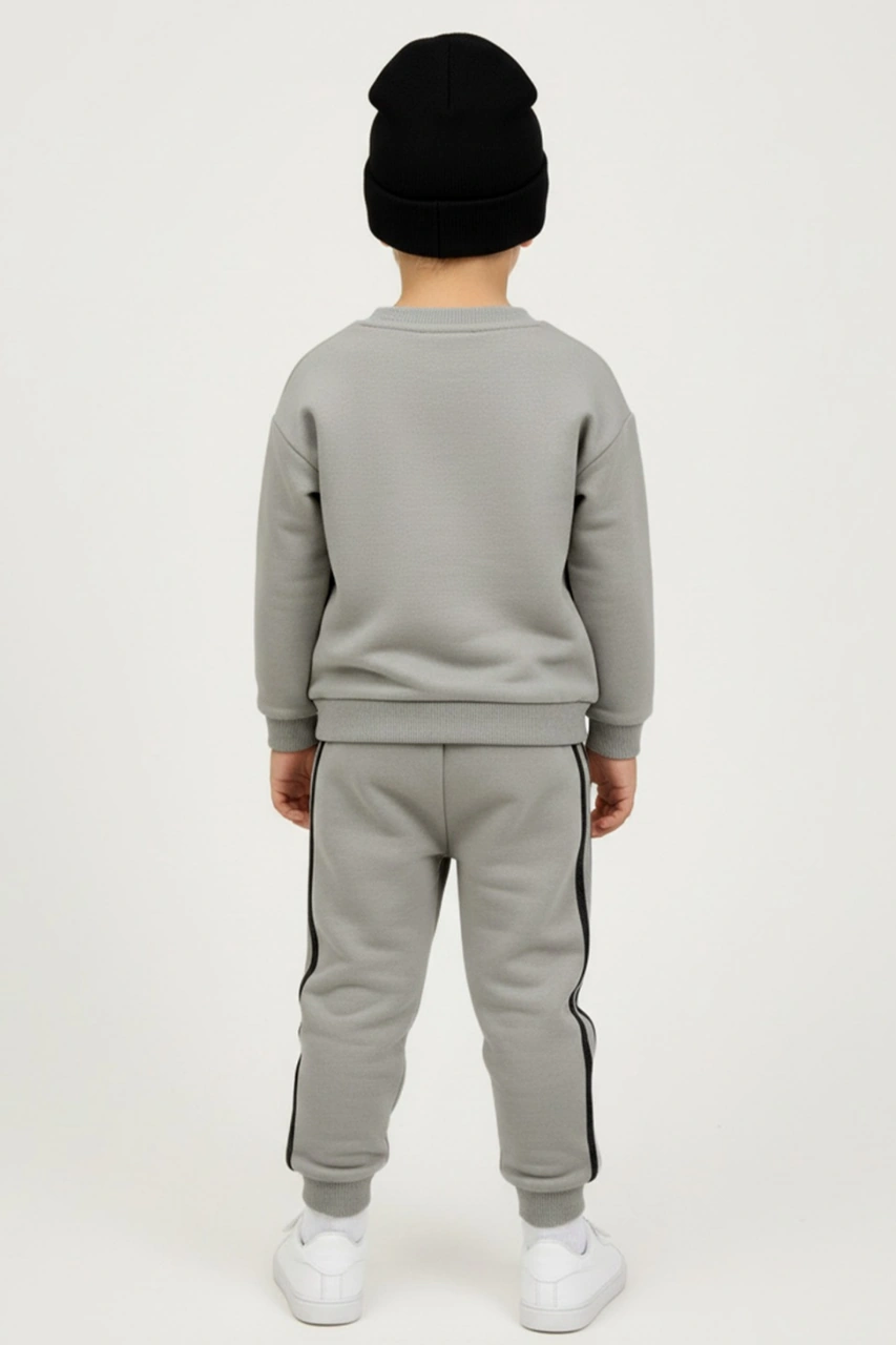 Erkek Çocuk Şeritli 3 İplik Gri Alt Üst Takım Gri - Siyah