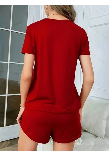Reka Moda Kadın Kısa Kollu Bisiklet Yaka Baskılı Viskon Bluz Ve Şort Ikili Takım Kırmızı
