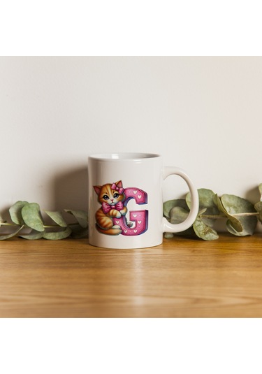 G Harfli Bardak, Sevimli Kedili Pembe Tasarım Bardak, Arkadaşa Aileye Hediye Porselen Beyaz
