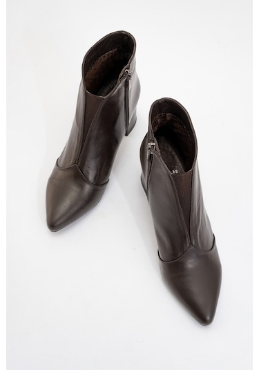 Finda Kahverengi Cilt Hakiki Deri Kadın Topuklu Bot Kahverengi Deri
