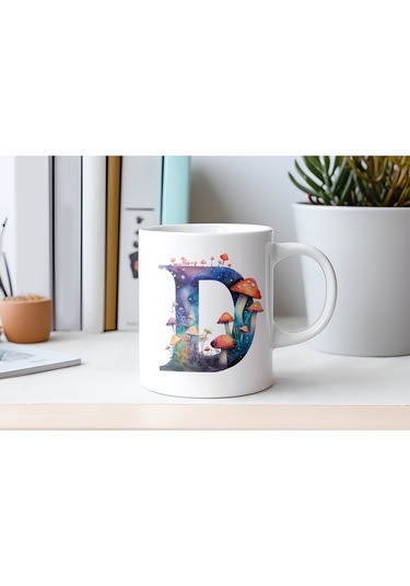 D Baş Harfi Fantastik Mantarlı Kupa Bardak - Kişiye Özel Masalsı Bardak - Hediye Beyaz