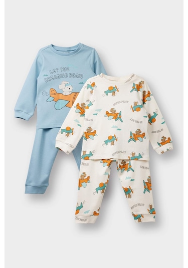 Defacto Erkek Bebek 4lü Pijama Takımı Araç Baskılı Uzun Kollu Üst Uzun Alt F0552a525aube526 Mavi