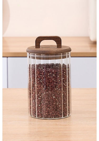 Qerhome Borosilikat Cam Optik Çizgili Akasya Kapaklı Kavanoz Zahire 2450 Ml Şeffaf