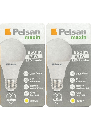 2 Adet Pelsan 8,5w 2700k Sarı Işık E27 Duylu Kalın Duy Led Ampul