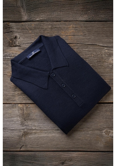 Woolen World Polo Yaka Battal Büyük Boy Yünlü Triko Kazak Lacivert