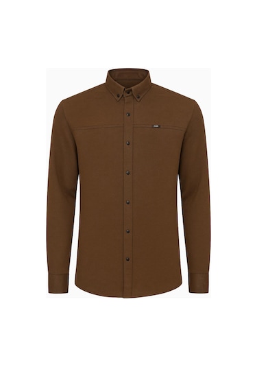 Yxc Uzun Kol Slim Fit Erkek Örme Gömlek Kahverengi