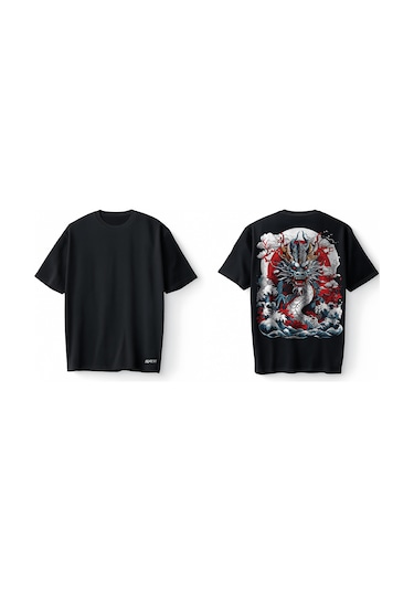 Bumeta Japon Ejderhası Baskılı Oversize Unisex Tişört T-shirt Siyah
