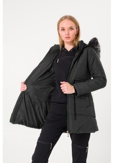 Barbora Kışlık Yaka Kürklü Uzun Kadın Şişme Mont Bt122S