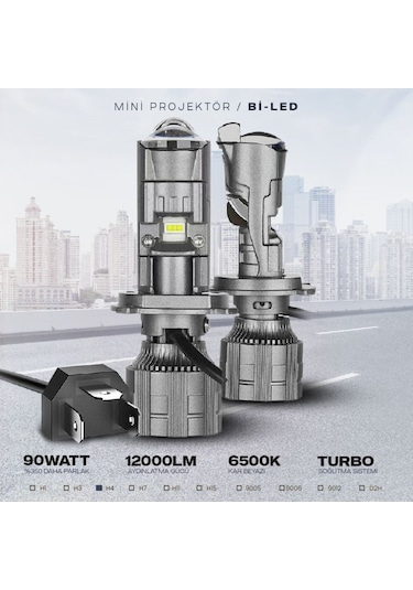 H4 Bi-LED Mini Projektör Lens 90W 16000LM