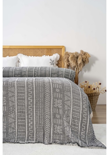 Etno Antrasit Çift Kişilik %100 Pamuklu Müslin Pike & Yatak Örtüsü Antrasit