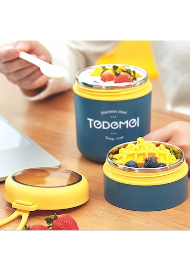 Dekorasyaa 2 Katlı Lunch Box - Mavi - Paslanmaz Çelik - Kaşıklı - Yemek Taşıma Kabı - 710ml Mavi