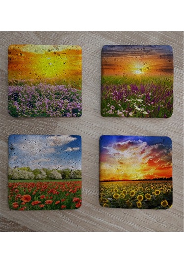 Bahar Çiçekleri Doğal Taş Bardak Altlığı 4'lü Set - Natural Stone Coasters - Taş Çok Renkli