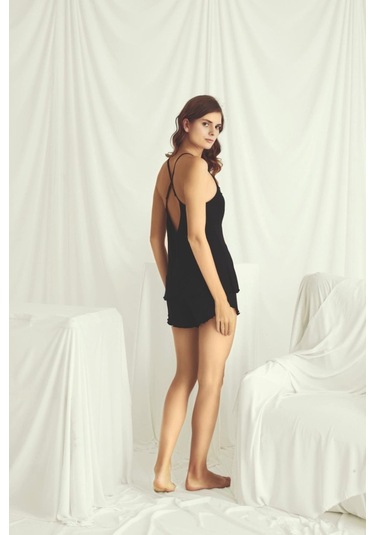 Monamise 19317 Kadın İp Askılı Şortlu Pijama Takım-siyah Siyah