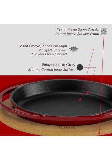 Lava Döküm Oval Sahan Döküm Demir Yekpare Çift Kulplu Kayın Servis Ahşabı Ölçü 21x14cm.-bordo Bordo