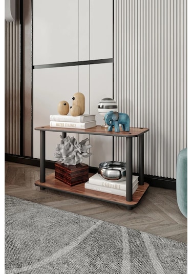 2 Katlı Dekoratif Diktörtgen Kitaplık Ceviz Ceviz