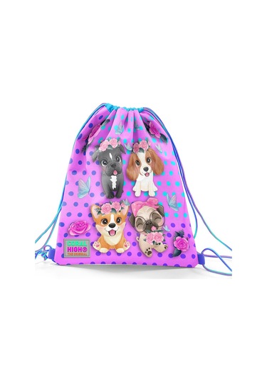 Coral High Kids Pembe Köpek Desenli İpli Büzgülü Sırt Çantası 12645 Lila