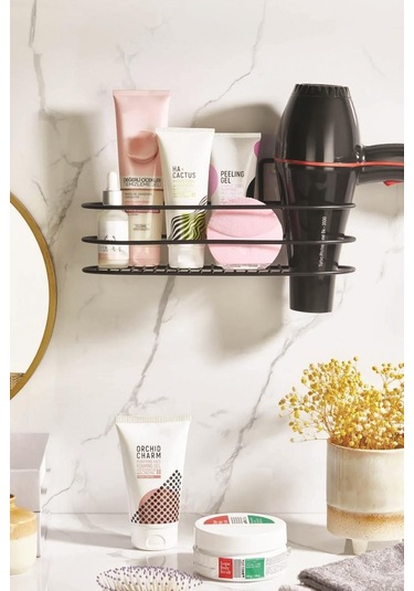 Paslanmaz Çelik Yapışkanlı Fönlü Duvar Rafı & Organizer & Banyo Duş Askısı Siyah