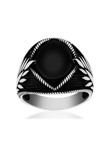 Gümüş Oniks Taşlı Işlemeli Erkek Yüzük - 555896315