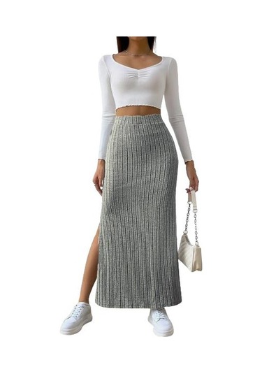Kadın Nervürlü Örme Etek Yüksek Elastik Bel Yırtmaç Retro Uzun Etek Açık Gri