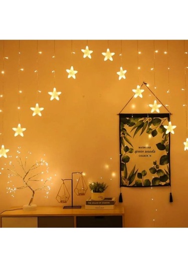 16 Yıldız Noel Işığı, Yılbaşı Perde Led Işık Yıldız Desenli Otantik Aydınlatma Fişli Günışığı Sarı