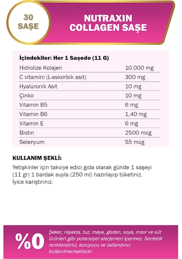 Nutraxin Collagen 30 Saşe 10.000 Mg Tip 1 Tip 3 Ananas Aromalı Hyalüronik Asit Çinko B5, B6, Biotin, Selenyum