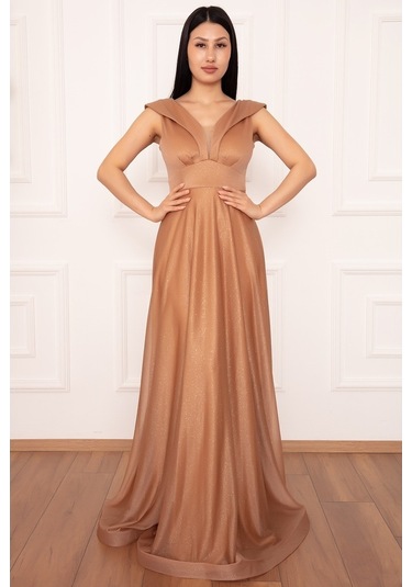 Kalopya Simli Tül Uzun Abiye Elbise 13280 Gold