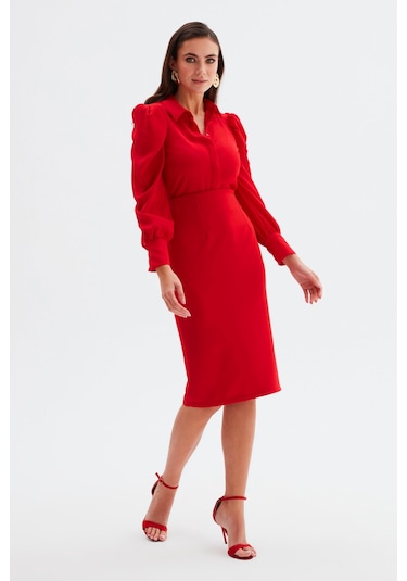 Sateen Düz Kalem Etek - Kırmızı