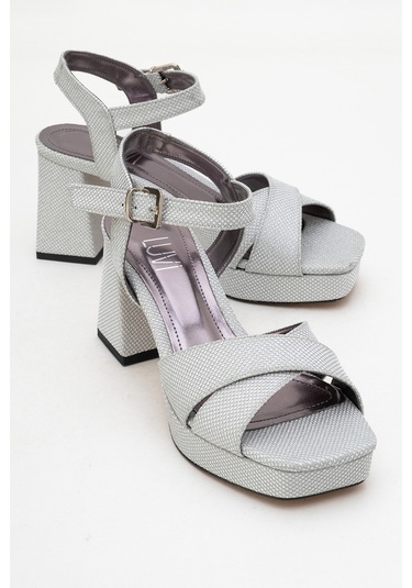 Lisbon Gümüş Simli Çapraz Bantlı Kadın Platform Topuklu Ayakkabı Gümüş