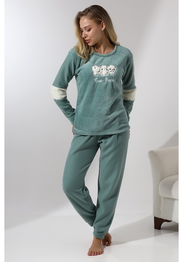 Fawn 5024 Peluş Welsoft Polar Kışlık Yumoş Kadın Pijama Takımı Yeşil