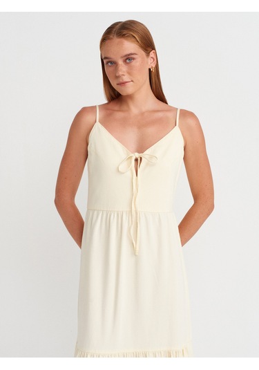 Dilvin 90575 Uzun Dekolte Denim Elbise-sarı Sarı