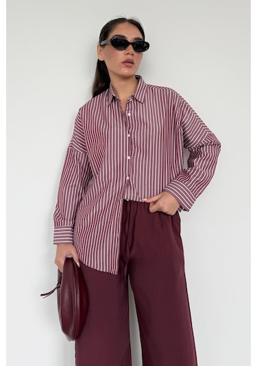 Madmext Bordo Çizgili Kadın Gömlek Mg2410 Bordo