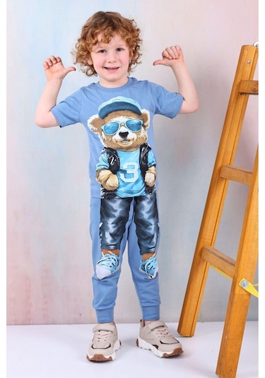 Erkek Çocuk Ayı Desenli Kısa Kollu Tshırt Eşofman 2'li Takım-1079 Mavi