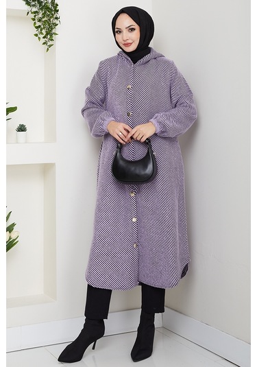 Çizgi Detay Kapüşonlu Kaşe Kap 1634 - Lila Lila