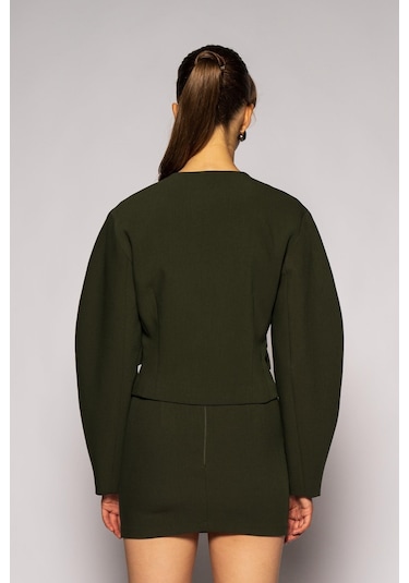 Kadın Açık Haki Balon Kol Crop Blazer Açık Haki