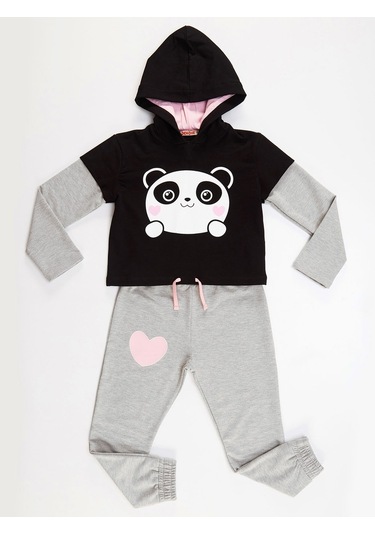 Denokids Minik Panda Kız Eşofman Takım Gri - Siyah
