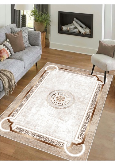 Krem Dijital Baskı Salon Halısı Kaymaz Tabanlı Yıkanabilir Halı Yolluk 535 Krem