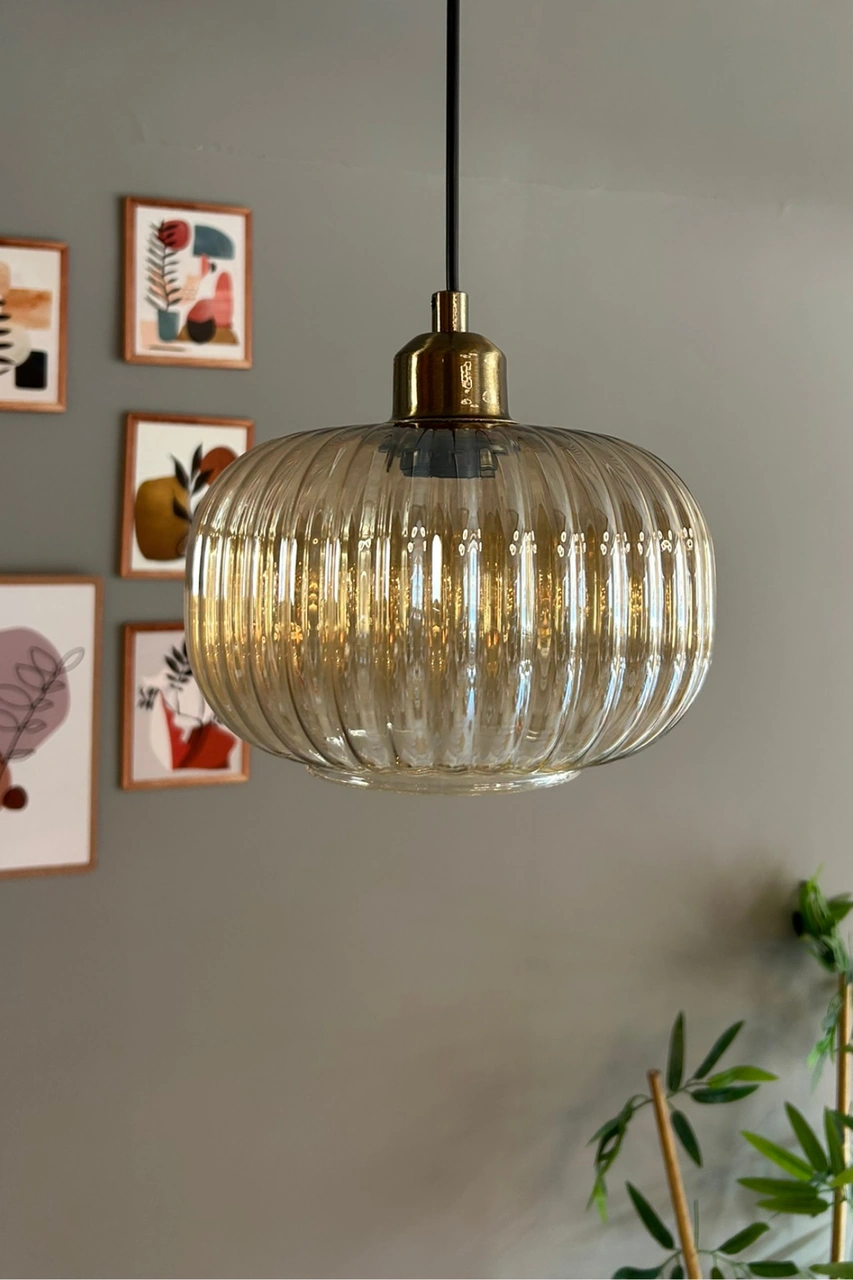 Mola Cam Bal Rengi Tekli Avize Yarım Lale Başlık Retro Sarkıt Lamba Restoran Salon Aydınlatma Bal