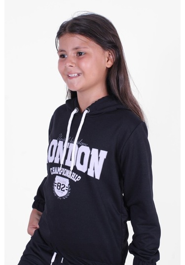 Fyk Kids Kapüşonlu-london Baskı Detaylı Kız Çocuk Eşofman Takımı Siyah