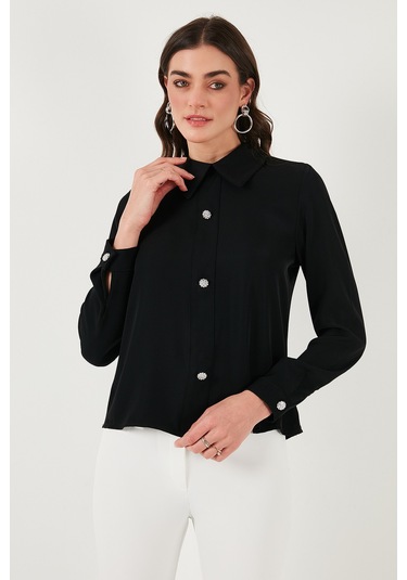 Lela Taşlı Regular Fit Gömlek Yaka Fermuarlı Bayan Bluz 611Bz0493 Siyah
