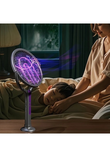 Boatshop1 Teleskopik Uzatma Çubuğu Mor Katlanabilir Şarj Edilebilir Elektrikli Sinek Raketi Ve Mor Işık Uzatmalı Sopa Ev Ofis Kamp İçin