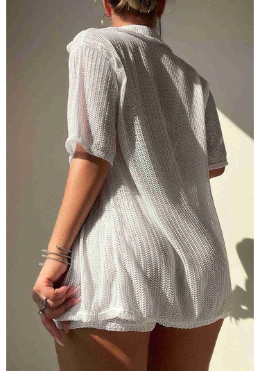 Angelsin Yaka Detaylı Gömlek Görünümlü Alt Üst Şort Takım Plaj Elbisesi Pareo Beyaz 001