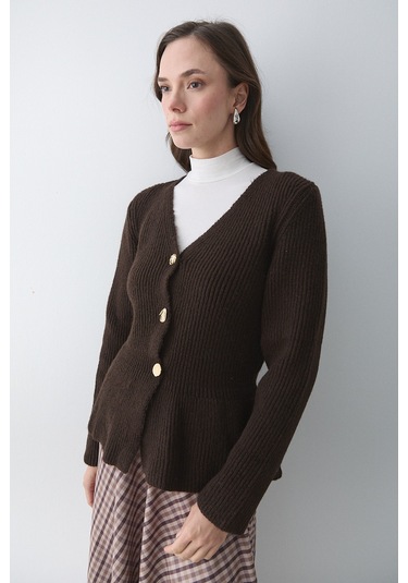 Kahverengi 3 Düğmeli Pileli Hırka - 251065 Kahverengi