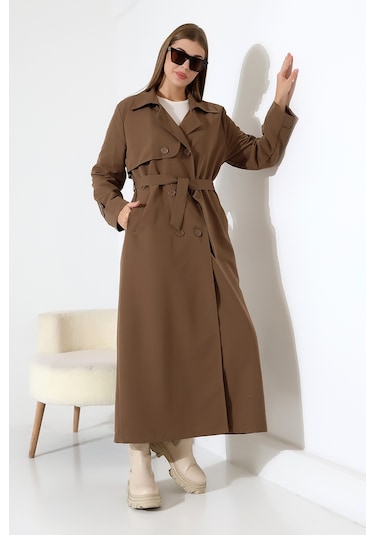 Amazon Keten Kumaş Uzun Boy Düğmeli Astarlı Yumuşak Dokulu Trenç Kot Sütlü Kahve Sütlü Kahverengi