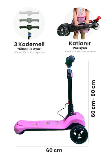 Electron Led Işıklı Hoparlörlü Yükseklik Ayarlı Elektrikli Scooter - 60w Pembe
