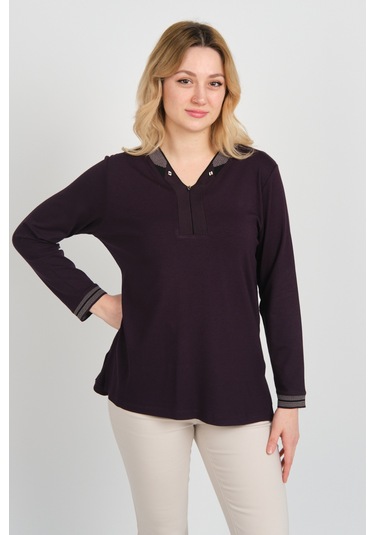 Detay Triko Kadın V Yaka Ve Yakası Taş Detaylı Uzun Kollu Anne Bluz 5711 Mürdüm Mürdüm