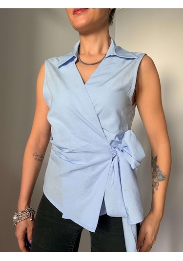 Ali Butik Mavi Sıfır Kol Poplin Gömlek Mavi