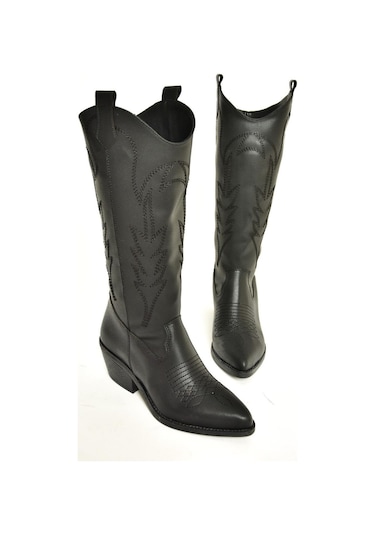 Fox Shoes T404401209 Siyah Kovboy Model Kadın Çizme Siyah-Suni Deri