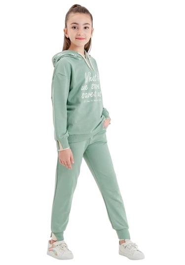 Kız Çocuk What Yazılı Kapüşonlu Mint Yeşili Eşofman Takımı Mint Yeşili
