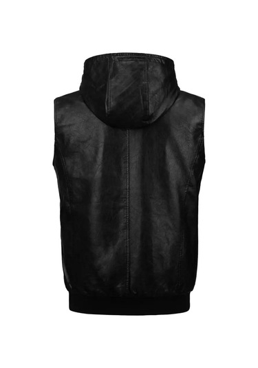 Kapüşonlu Triko Yaka Ve Triko Bel Hakiki Kuzu Derisi Yelek Siyah