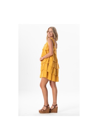 Askılı Kare Yaka Elfida Kat Kat Müslin Yazlık Kısa Elbise Hardal Hrd Hardal